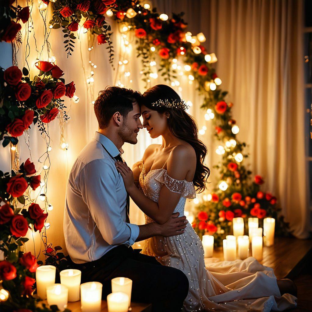 A passionate couple sharing an intimate moment, surrounded by soft candlelight and blooming roses, symbolizing devotion. The background features a cozy, elegantly decorated space infused with warm colors to evoke romance. Capture their joyful expressions as they share a quiet conversation, with twinkling fairy lights in the backdrop. super-realistic. warm tones. soft focus.