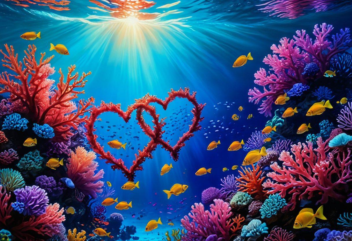 A serene underwater scene depicting two hearts intertwined, surrounded by vibrant coral reefs and gentle ocean currents, symbolizing the depths of unconditional love. Soft rays of sunlight filter through the water, illuminating the hearts, while school of fish swim gracefully around them. The overall atmosphere is calming and emotive, inviting an exploration of heartfelt relationships. super-realistic. vibrant colors. 3D.