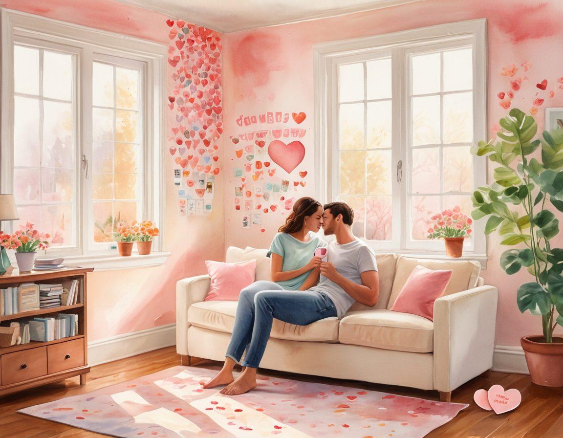 A warm and inviting scene depicting a couple embracing in a cozy, softly lit living room, surrounded by symbols of digital romance like heart emojis and text messages floating around them. Include elements of nature, like blooming flowers and soft sunlight filtering through a window, to represent growth in their relationship. The style should evoke a sense of intimacy and connection, with a dreamy atmosphere. watercolor art. pastel colors. soft focus.